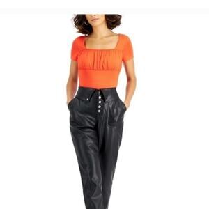 Bar III Gathered Bodice Red Square Neck Snap Button Classy Womens Bodysuit Small